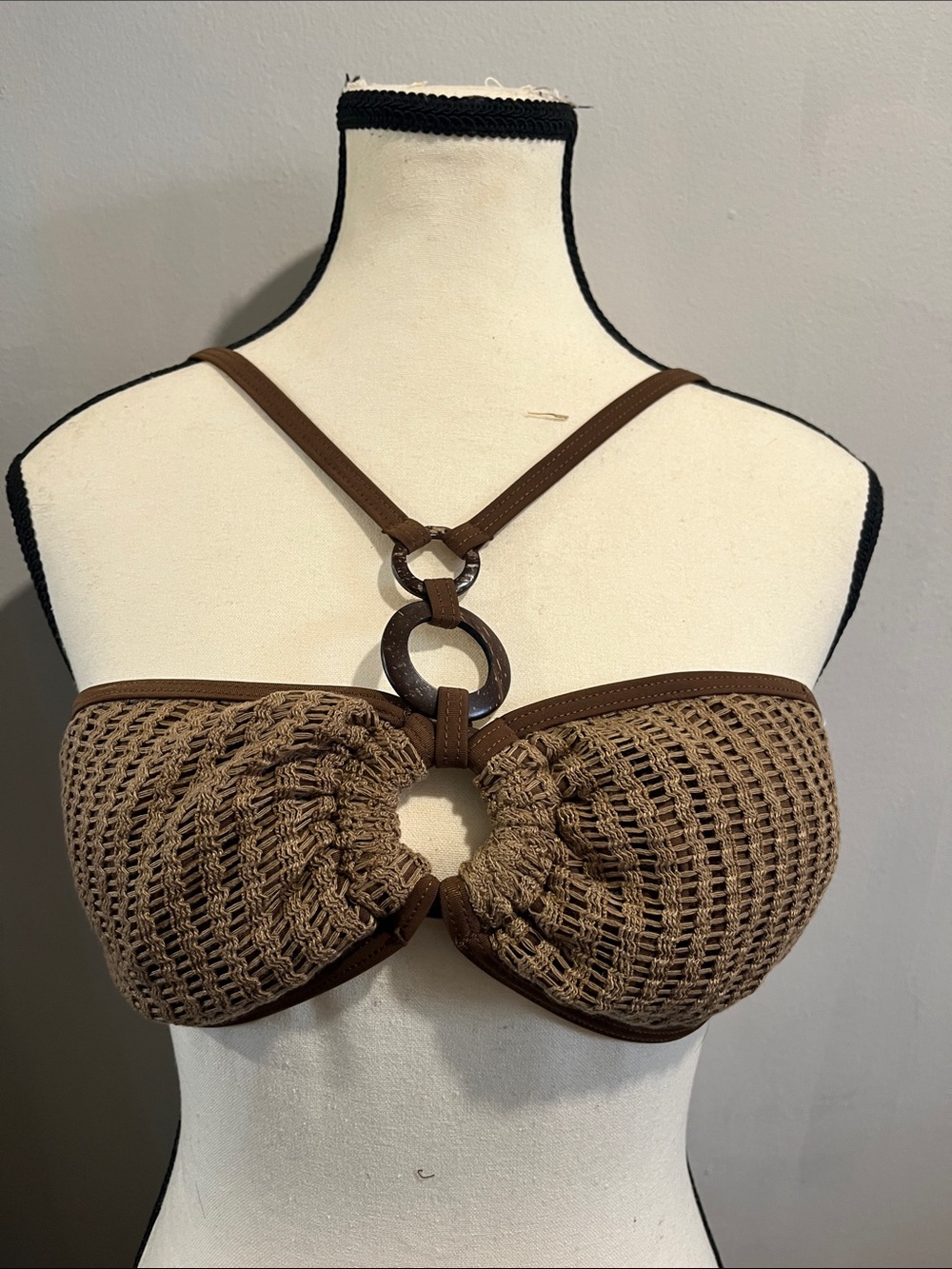 PrettyLittleThing Brown Crochet Halter Bandeau with Double Ring
